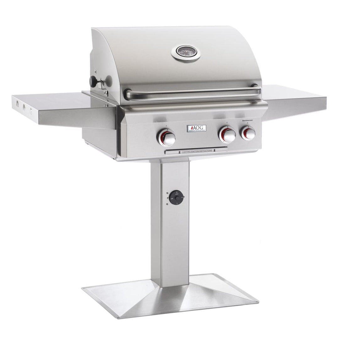 AOG 193-24NPT 24-inch stainless steel pedestal natural gas 3-burner grill head with folding side shelves and hood thermometer