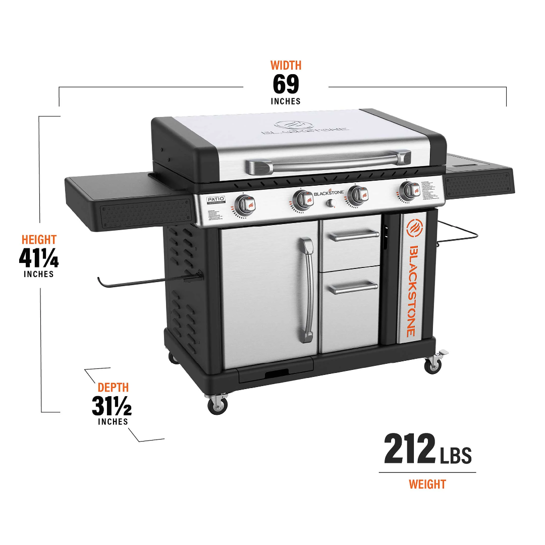 Blackstone 36-inch Patio Pro 4-burner propane griddle on cart with stainless steel hood, storage cabinet and drawers, side shelves and caster wheels — outdoor cooking griddle station 69 in wide, 41 1/4 in high, 31 1/2 in deep, 212 lb