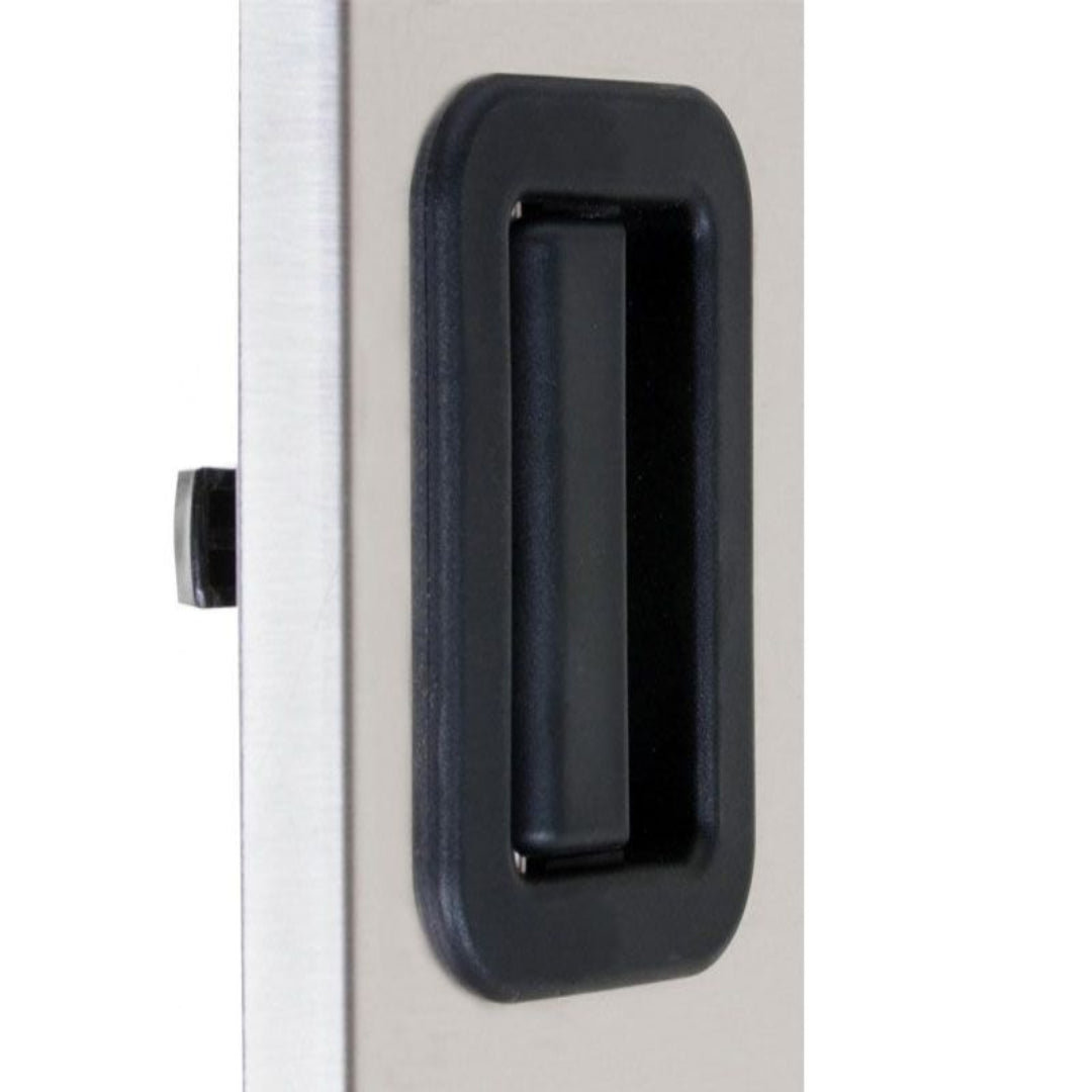 Replacement black recessed flush-mount pocket paddle pull handle for stainless steel smoker, grill or RV cabinet door model 23912