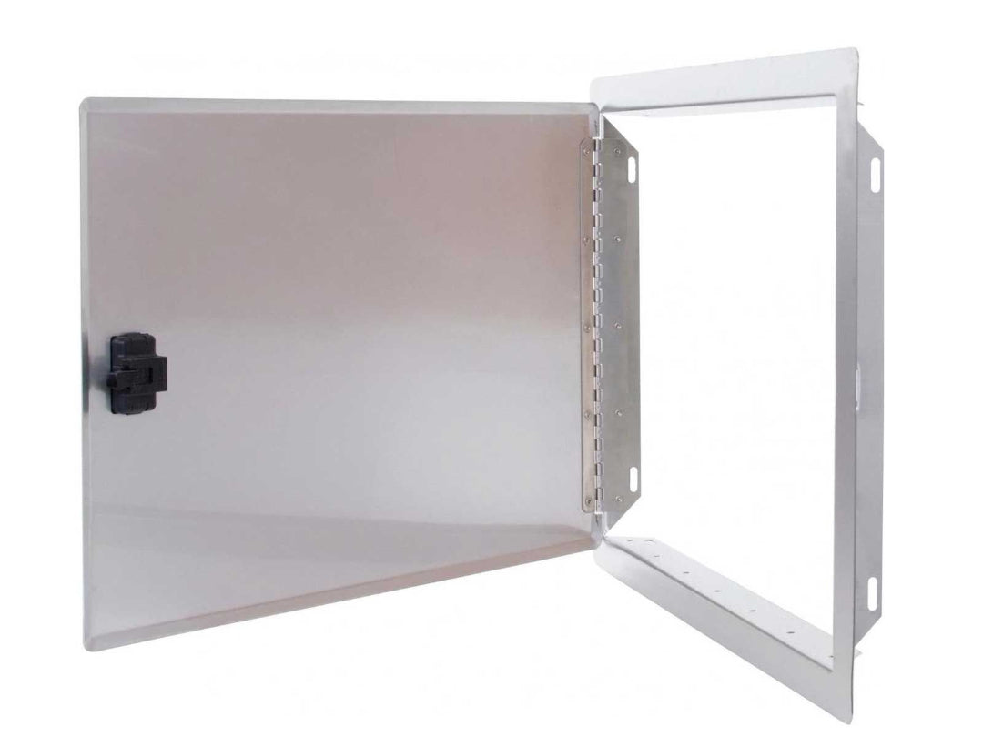 Metal recessed access panel door model 23912 with piano hinge and black snap locking latch, flush wall or ceiling service access panel for HVAC plumbing electrical