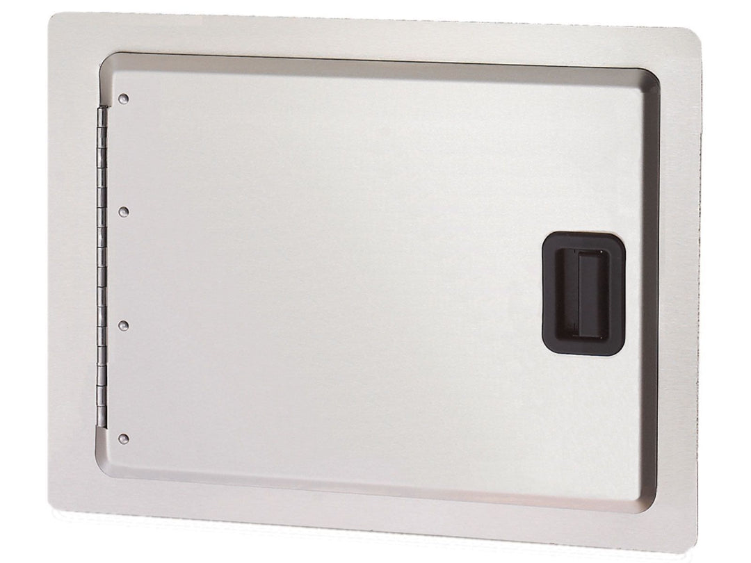 Stainless steel flush-mount outdoor kitchen access door for BBQ island, left piano hinge, black recessed pull handle, model 23912