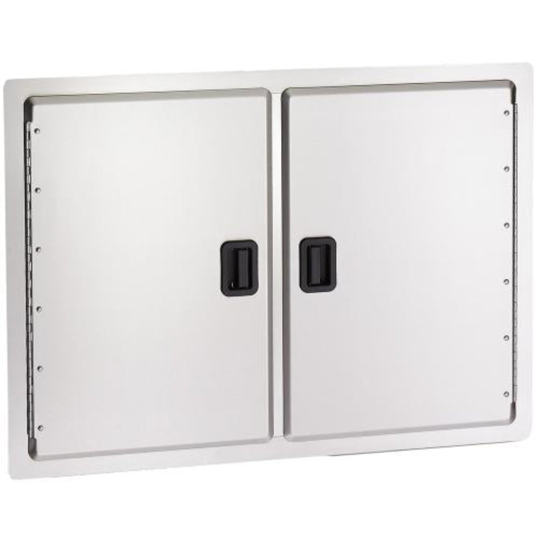 Vine & Flame stainless steel double access door model 23930-S, flush-mounted outdoor kitchen double-door access panel with recessed black pull handles for built-in grill island cabinet