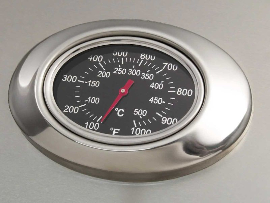 24NPT stainless steel flush-mount grill lid thermometer replacement 2-1/4-inch analog dial 1/4-inch NPT threaded dual °F/°C scale red needle for BBQ grills