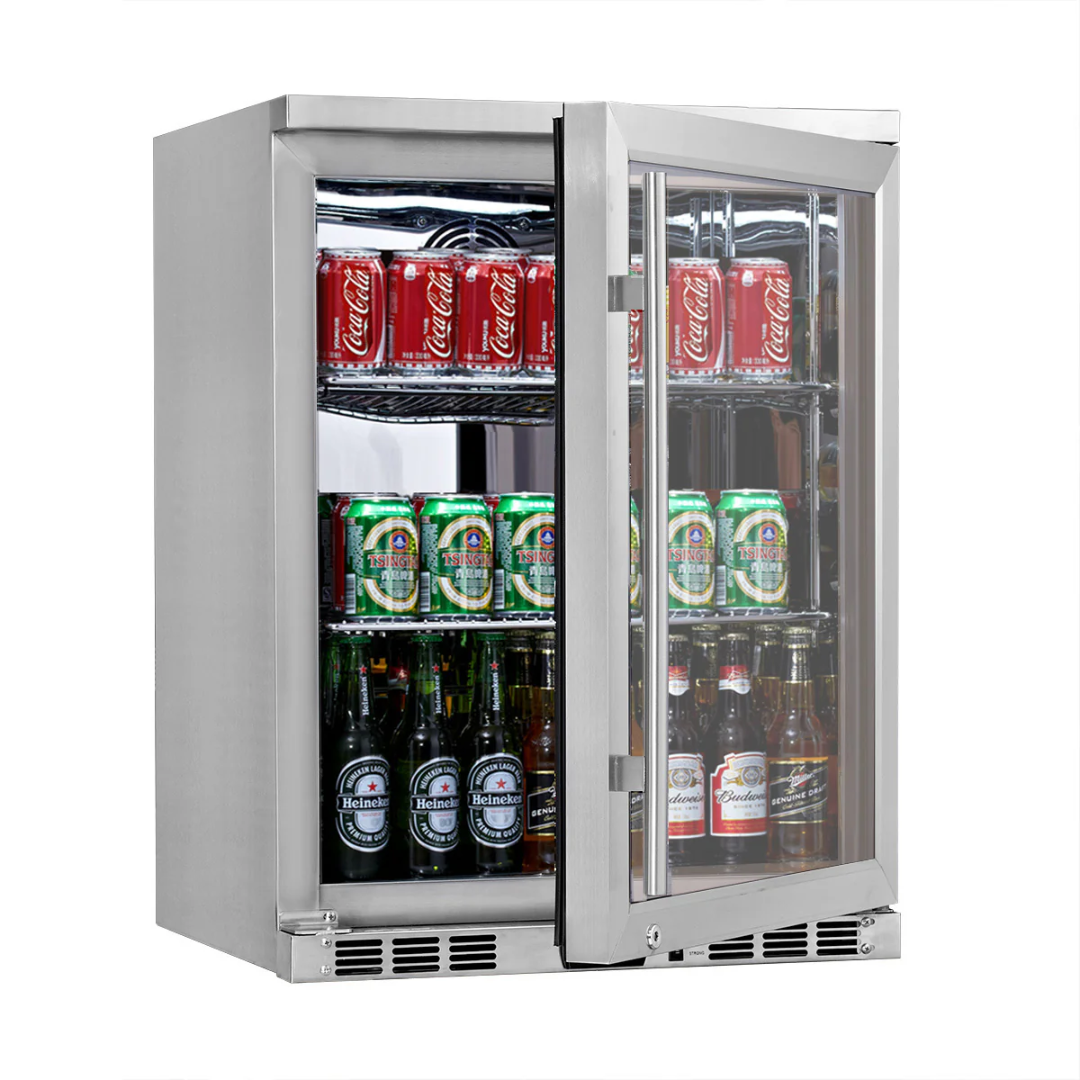 24-inch under-counter stainless steel beer cooler KBU55M with heated glass door and front-vented built-in beverage refrigerator displaying canned and bottled drinks on chrome shelves