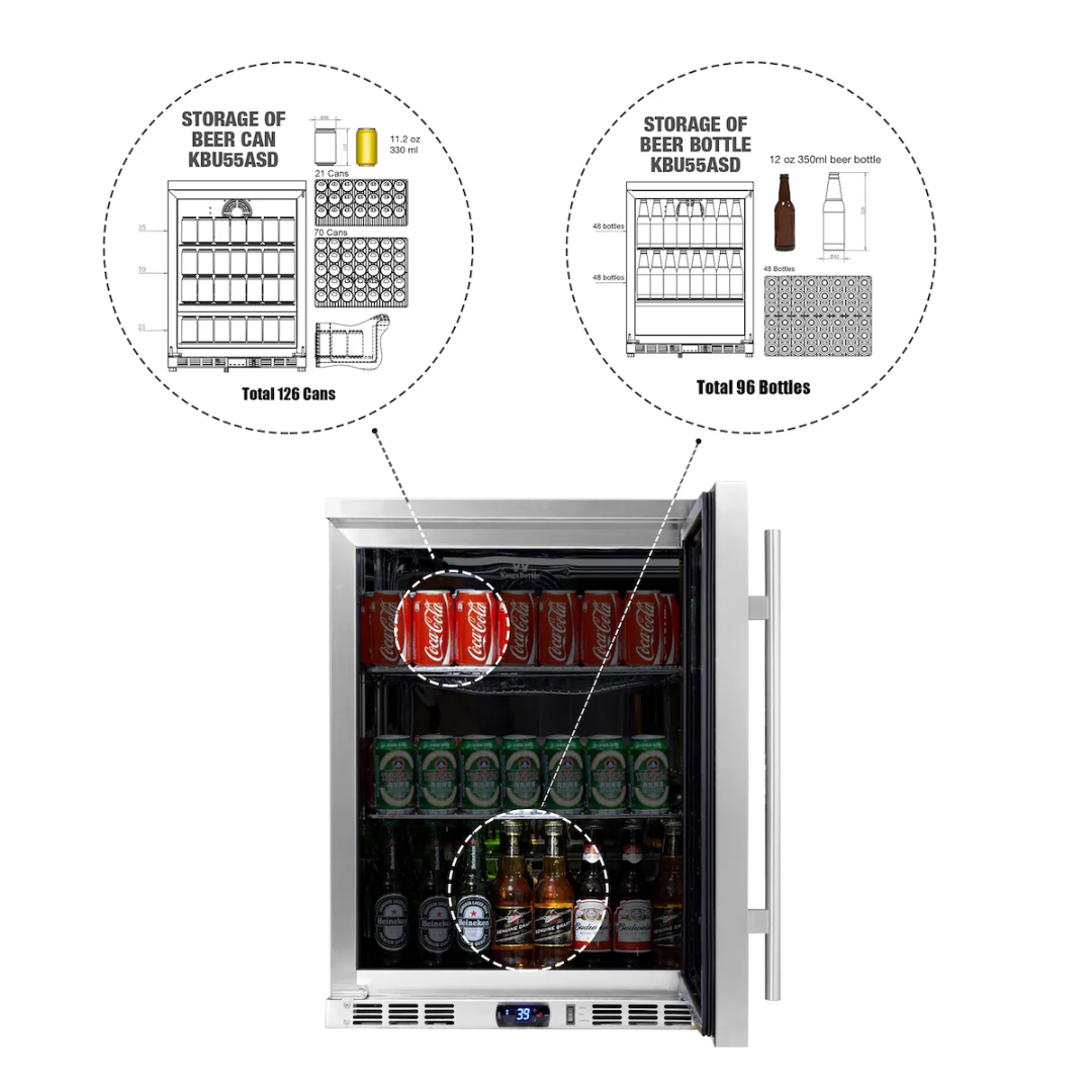 24-inch under-counter glass-door beer cooler KBU55M, stainless steel beverage fridge with digital temperature display, LED interior and three adjustable shelves; capacity infographic shows up to 126 cans or 96 bottles