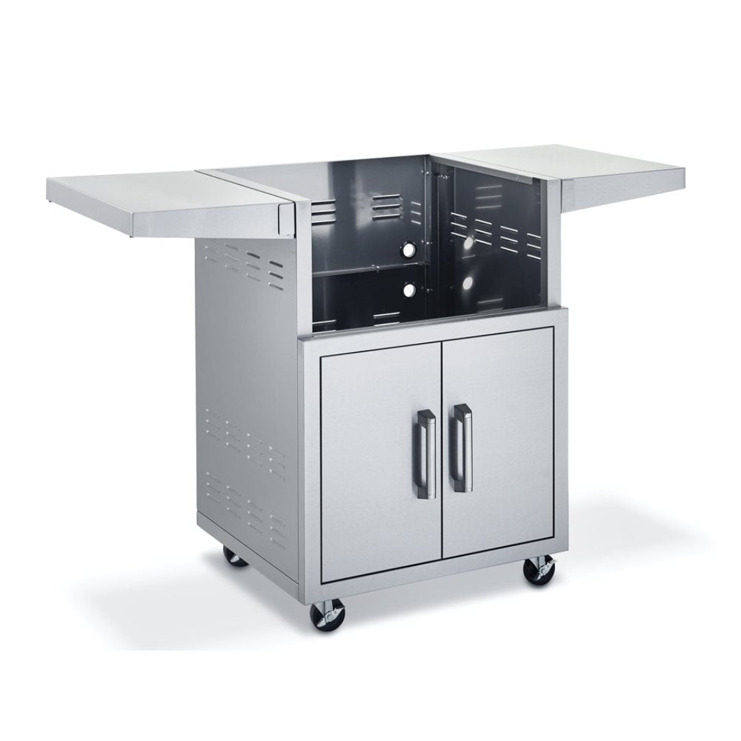 26-inch stainless steel outdoor grill cart base with fold-down side shelves, double-door storage cabinet, caster wheels and rear gas-line cutouts for drop-in propane grill