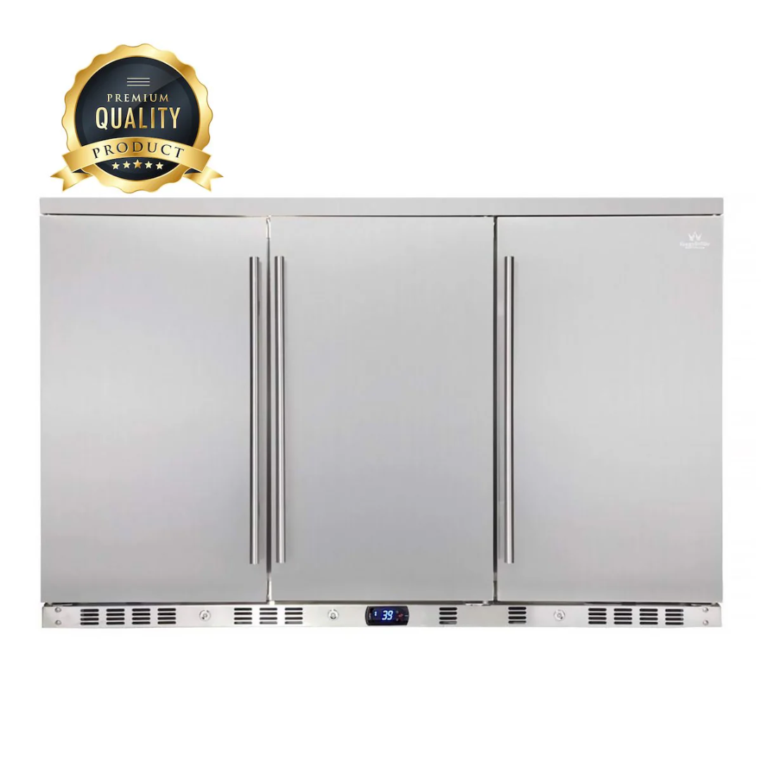 Stainless steel 3-door outdoor under-counter beverage cooler KBU328ASD with front vent and digital temperature display, built-in undercounter refrigerator for outdoor kitchens, patio bars and commercial beverage storage