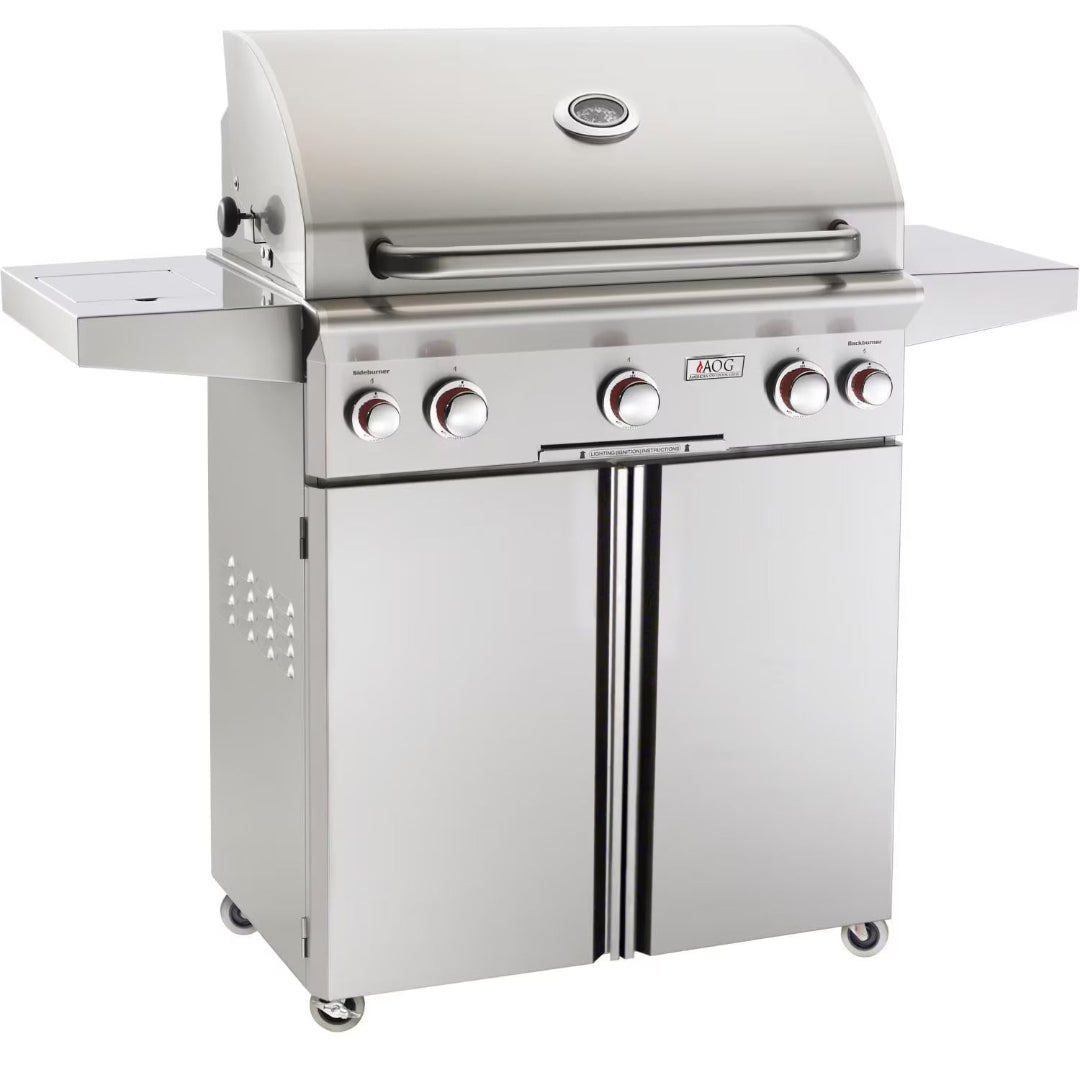 AOG 30CPT 30-inch stainless steel 4-burner outdoor gas grill with side burner, built-in lid thermometer, double-door storage cabinet and caster wheels