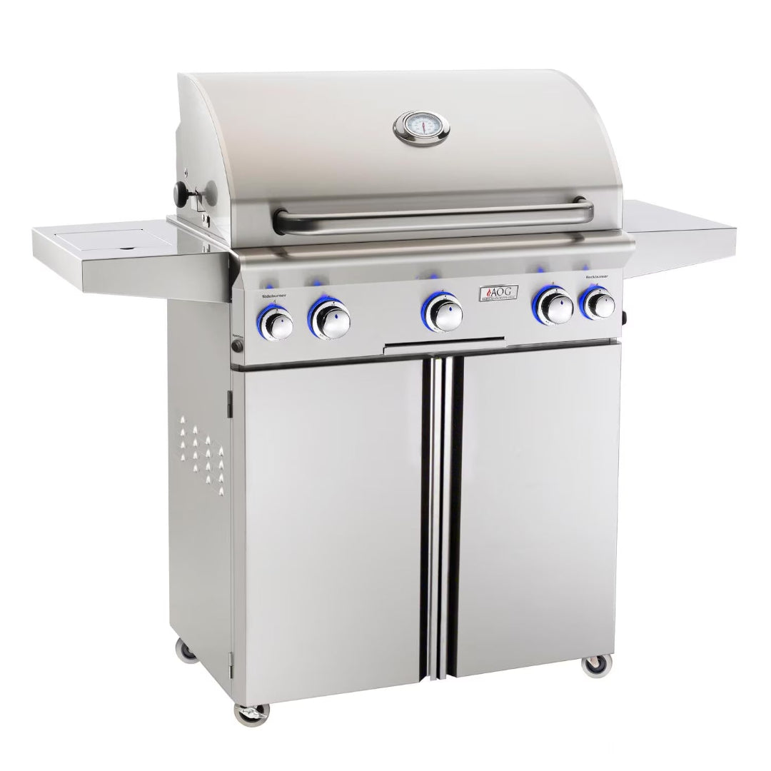 AOG 30PCL 30-inch stainless steel 4-burner propane outdoor grill cart with covered side burner, double-door storage cabinet, built-in lid thermometer and blue LED control knobs
