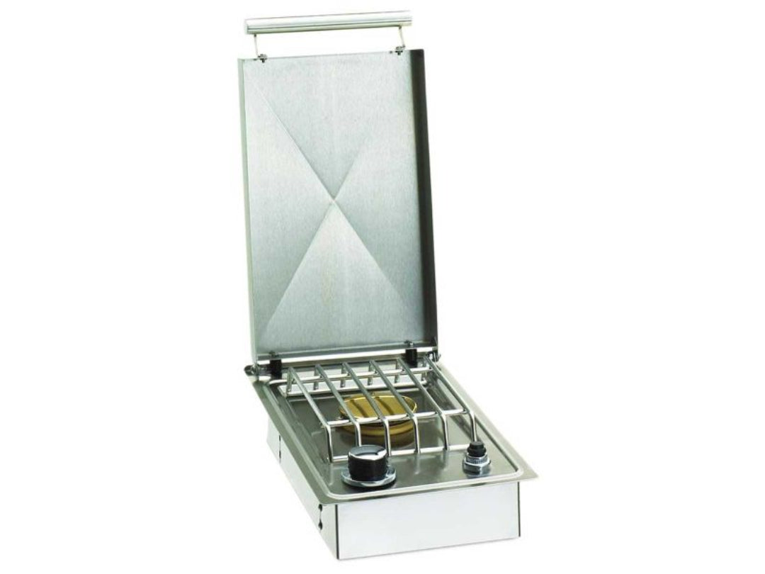 A built-in American Outdoor Grill (AOG) propane gas single side burner made of stainless steel, featuring a heavy-duty control knob and a removable lid.