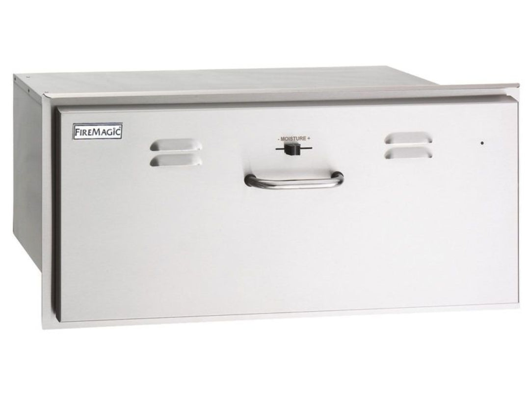 Fire Magic 33830-SW stainless steel built-in outdoor warming drawer with moisture-control knob and handle, grill accessory for outdoor kitchen