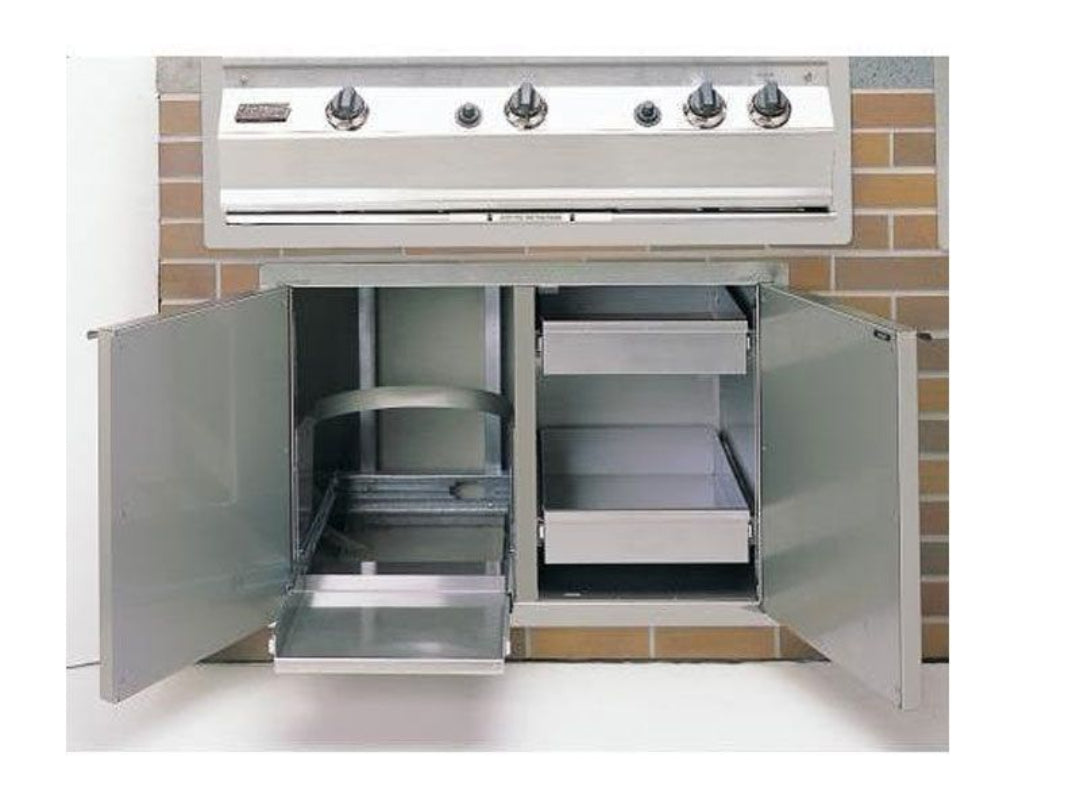 Fire Magic Stainless steel kitchen appliance with open doors and drawers inside an outdoor kitchen island