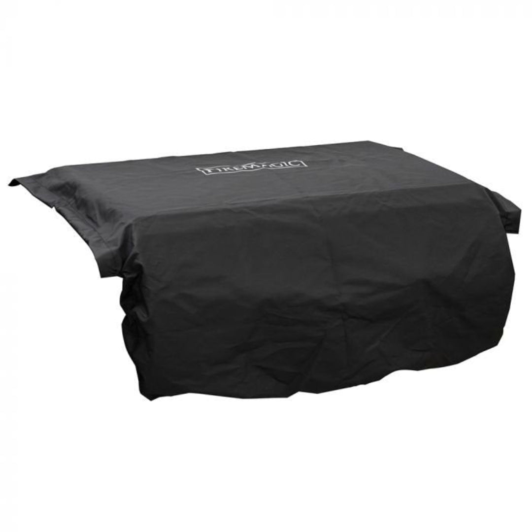 Black outdoor grill cover (Vine & Flame 3517-5f) heavy-duty water-resistant polyester with center logo and full-length drop sides, fits medium to large gas BBQ grills, patio protector