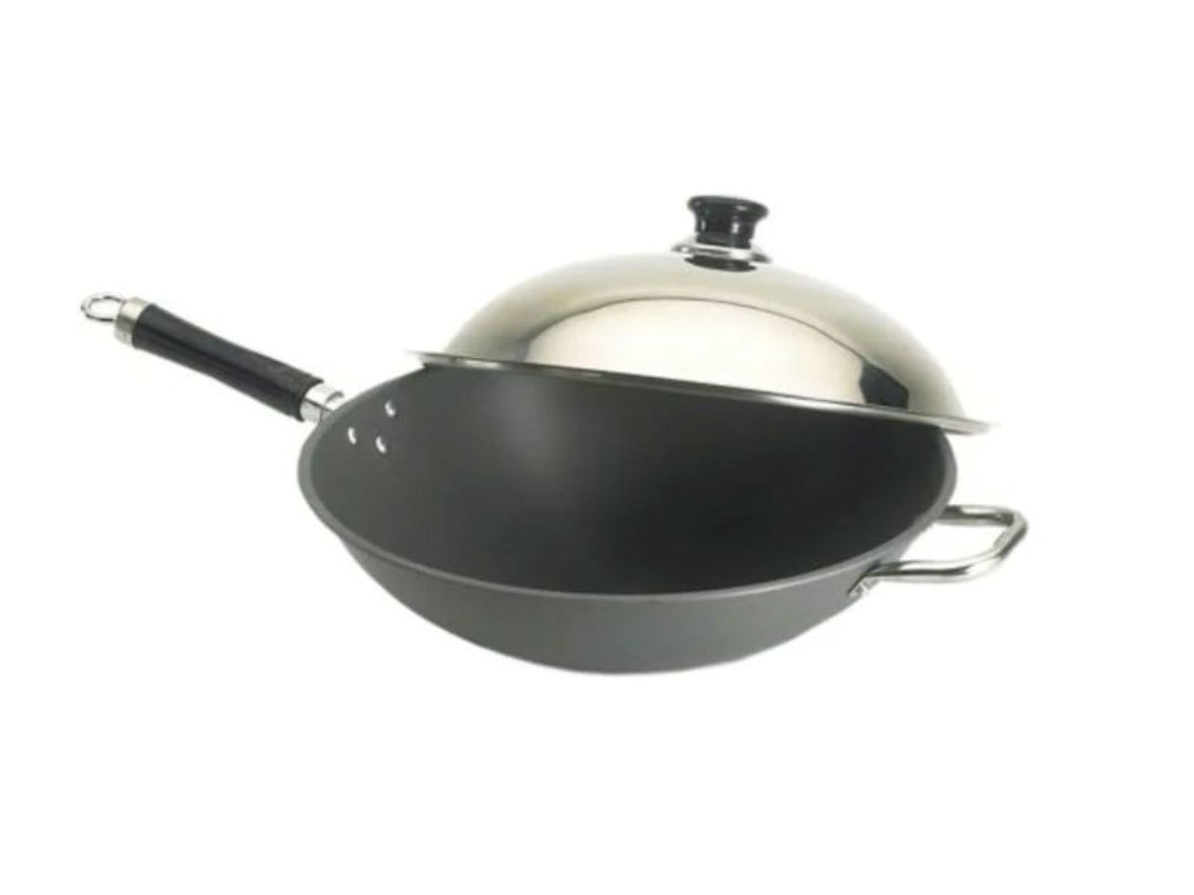 Nonstick wok with stainless steel dome lid, deep stir-fry pan with long black handle and stainless helper handle for stovetop cooking and sautéing
