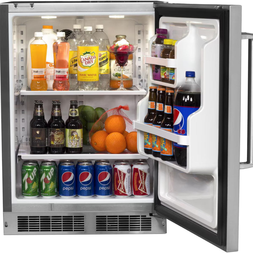 Undercounter stainless steel beverage refrigerator with LED lighting, adjustable shelves and door bins, compact built-in drink cooler for home bar stocked with soda cans, beer bottles, bottled water and oranges
