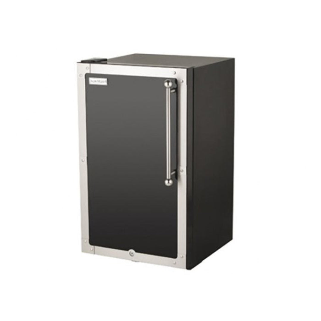 Fire Magic Black vertical cabinet smoker with stainless-steel door trim and long tubular handle, compact insulated single-door backyard smoker for low-and-slow smoking brisket, ribs and poultry