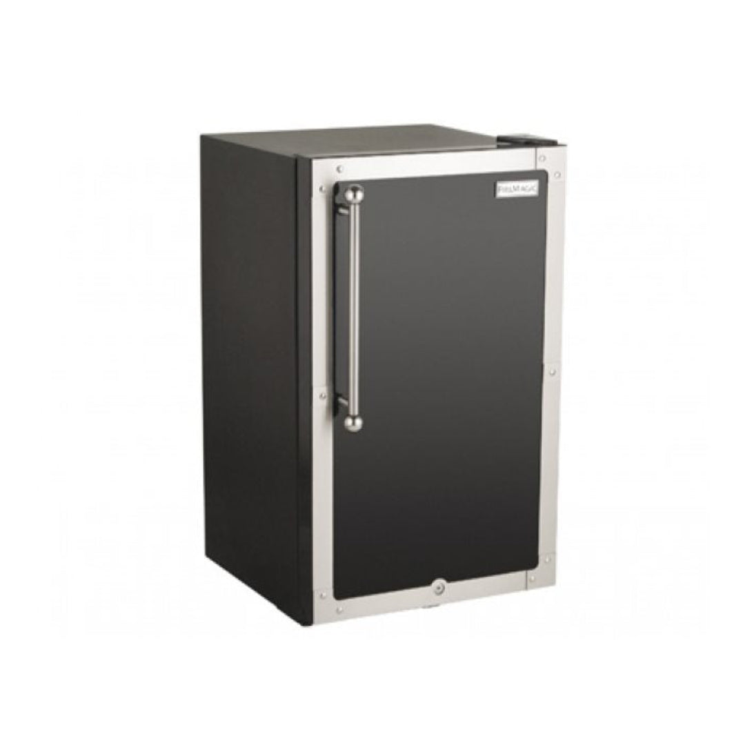 Compact outdoor built-in beverage refrigerator model 192-3598H – black door with stainless steel trim, vertical bar handle and front locking undercounter cooler