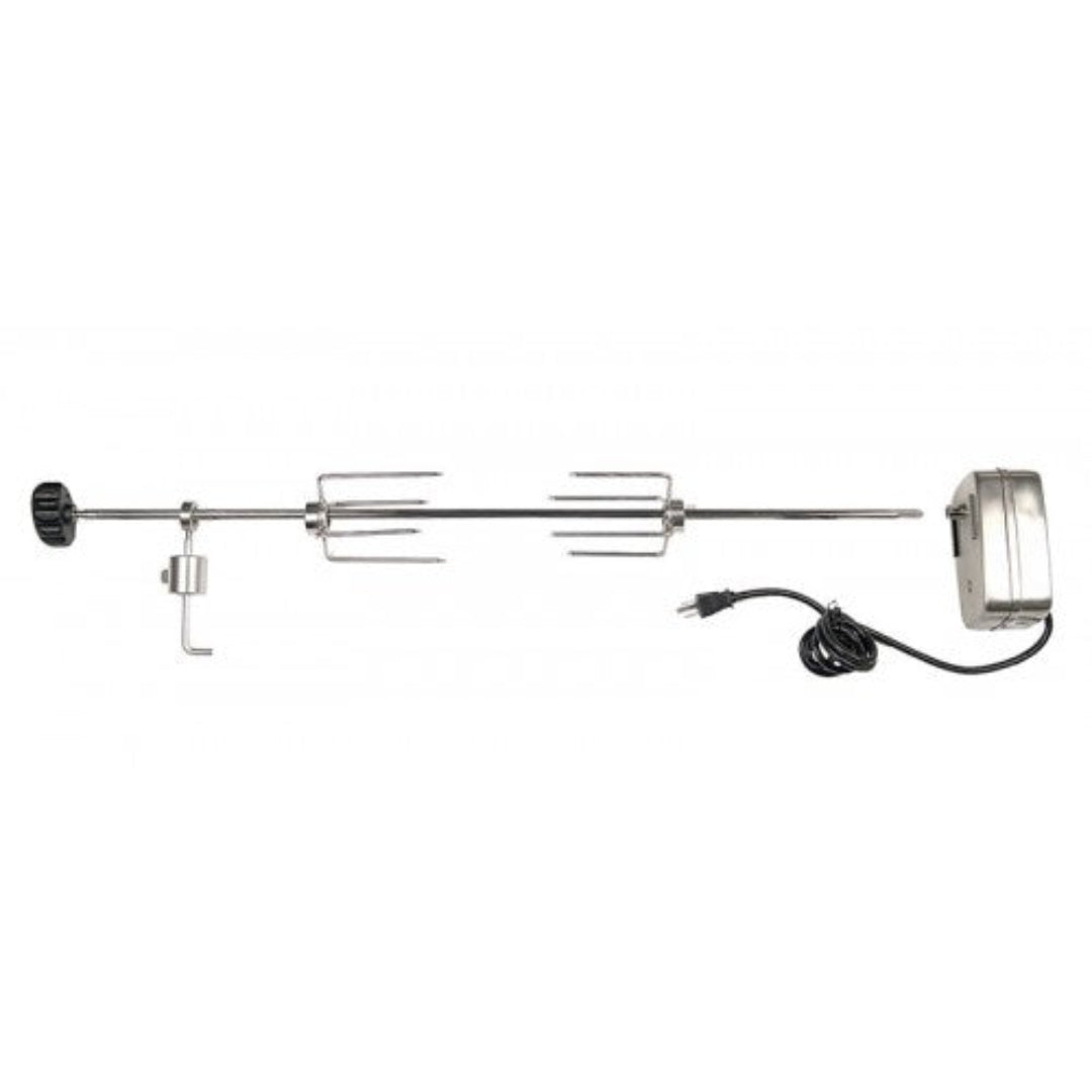 Vine & Flame 3603G stainless steel electric rotisserie kit with motor, universal spit rod, two adjustable meat forks, mounting bracket and counterweight for BBQ grills and smokers