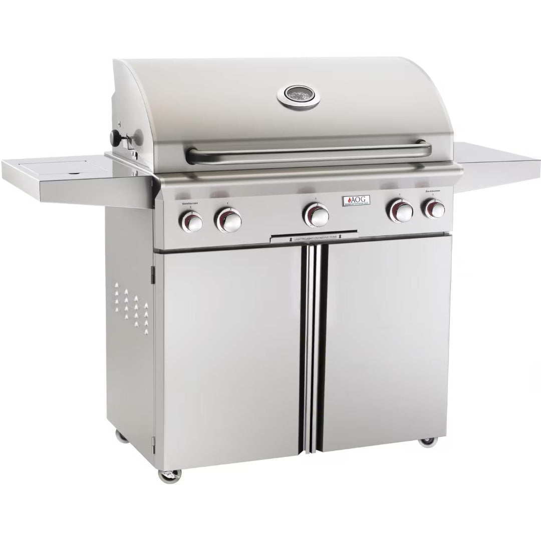 AOG 36PCT 36-inch stainless steel 4-burner gas grill cart with side burner, built-in lid thermometer, front control knobs and double-door storage cabinet on casters
