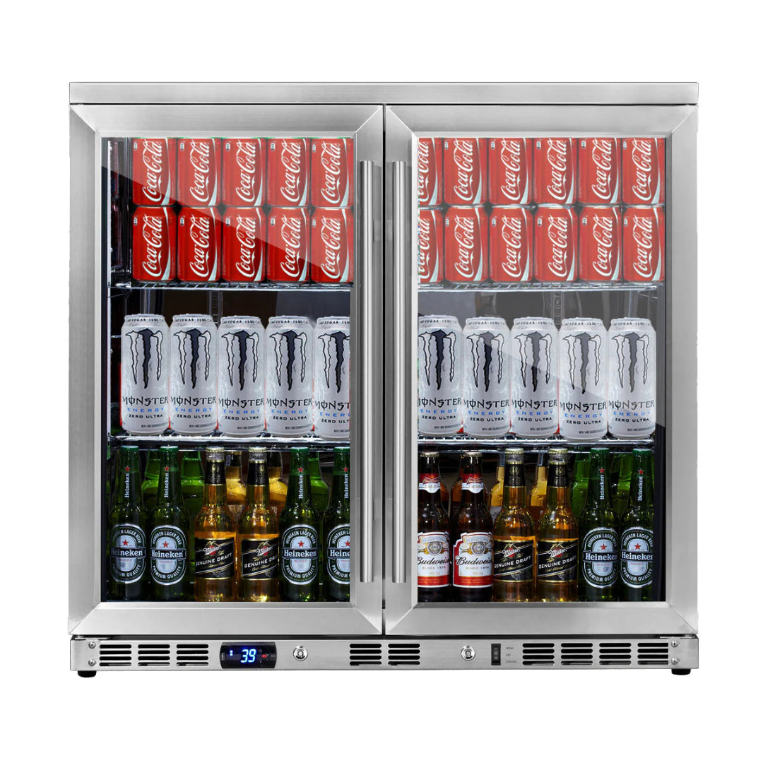 36-inch KBU56M built-in undercounter beverage refrigerator with stainless steel double glass doors, front-vented digital temperature display, stocked cans and bottles cooler for home bar or commercial use