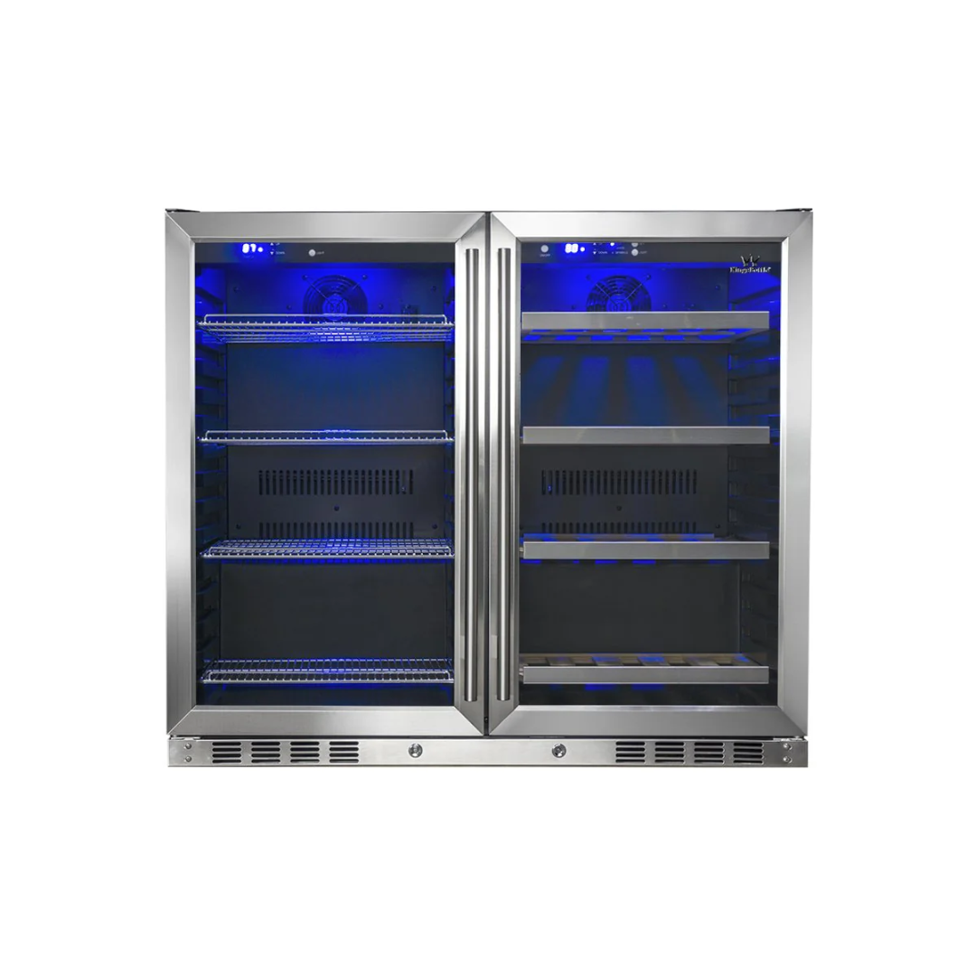 39-inch built-in dual-zone beer and wine fridge combo KBU28LRX stainless steel undercounter beverage cooler with glass doors, blue LED lighting, wine bottle racks and wire can shelves