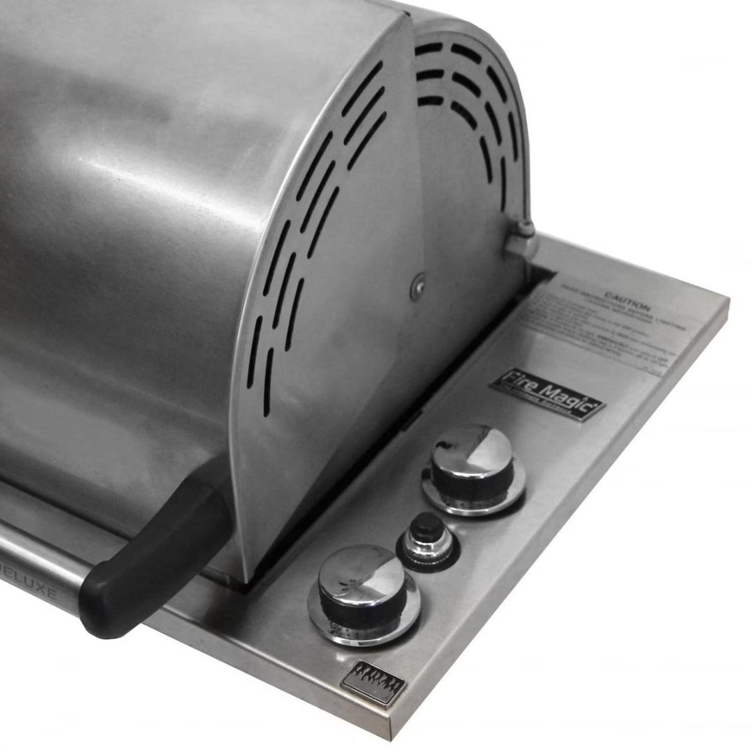 Fire Magic stainless steel built-in gas grill hood and replacement control panel assembly with vented end cap, black handle, chrome control knobs and push-button ignition — part 3C-S1S1P-A