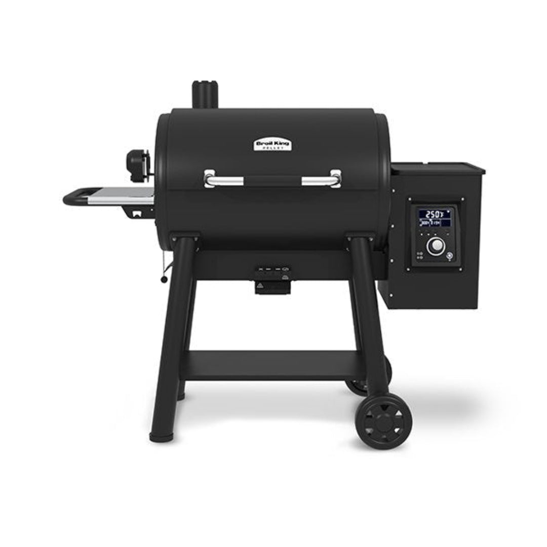 Pellet Grill, Broil King, Regal Pellet 400 Series, front view with digital control panel and side shelf
