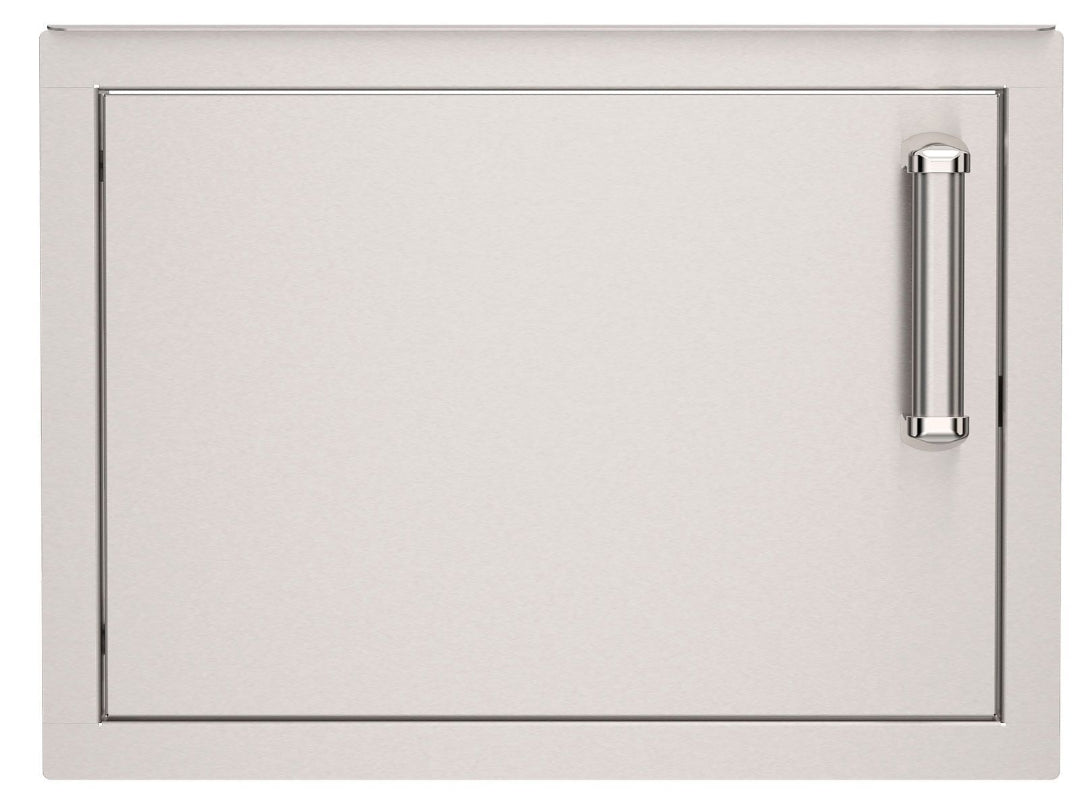 A flush-mounted left-hinged access door for outdoor kitchen use, made of 304 stainless steel with a sleek modern appearance and a stylish handle.