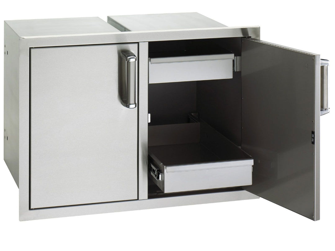 53930SC-22 stainless steel outdoor kitchen double-door access cabinet with two pull-out storage drawers and chrome handles for built-in grill island