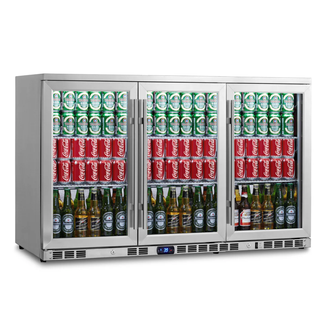 53-inch heated glass triple-door large beverage refrigerator KBU328M — stainless steel commercial back-bar cooler with digital thermostat and LED interior lighting for bars and restaurants