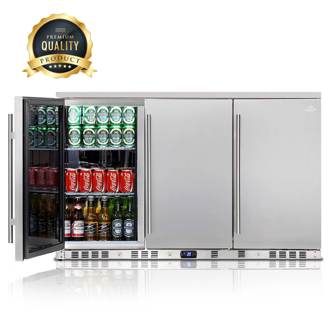 53-inch stainless steel outdoor 3-door beverage cooler KBU328ASD undercounter commercial drinks refrigerator with left glass display door stocked with beer and soda, two solid doors and digital temperature display