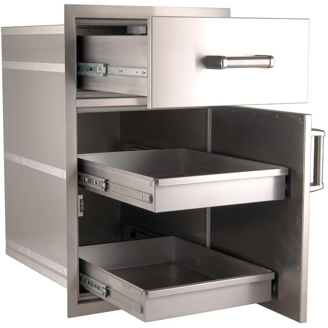Fire Magic 54020S stainless steel built-in outdoor kitchen trash pull-out with two deep removable pull-out waste bins and top utility drawer, heavy-duty sliding rails and brushed stainless handle
