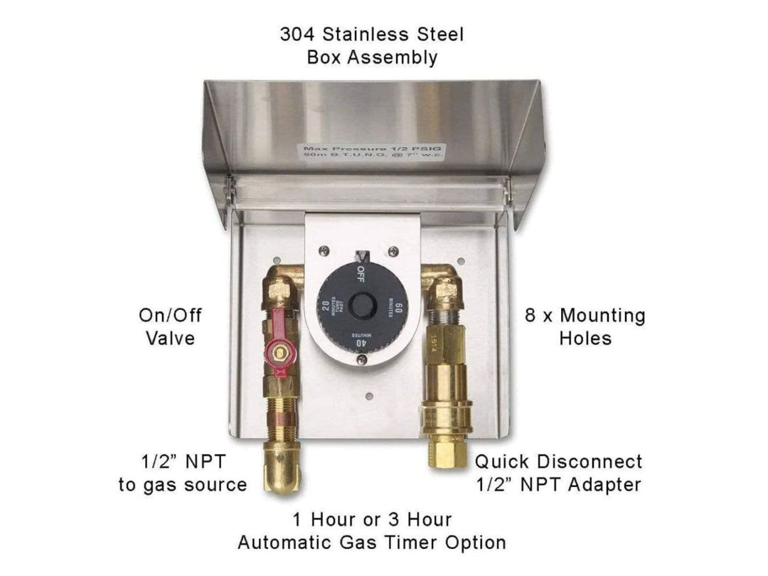 Model 5521-01 304 stainless steel automatic gas timer box with 1/2-inch NPT quick-disconnect, on/off ball valve and 1- or 3-hour timer for outdoor propane or natural gas fire pits and torches