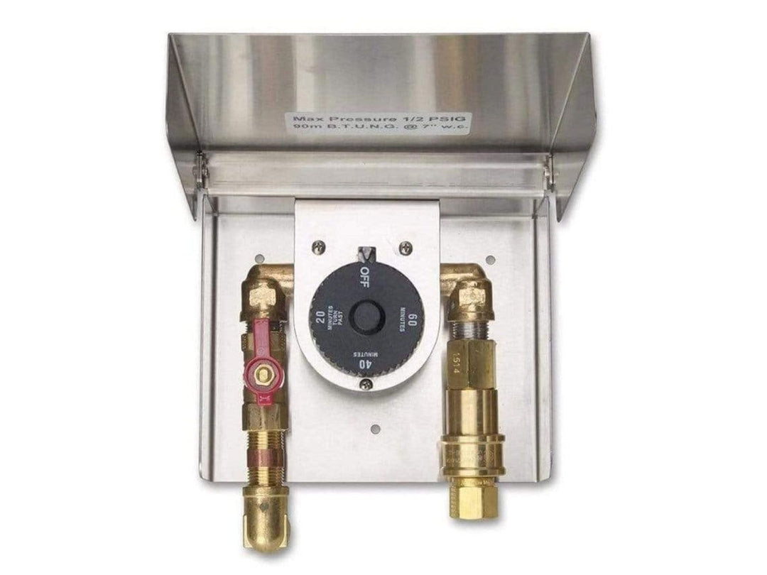 5521-01 stainless steel outdoor gas quick-disconnect panel with hinged weatherproof cover, brass ball shutoff valve and dual brass quick-connect fittings for propane or natural gas grills, fire pits and outdoor kitchen hookups