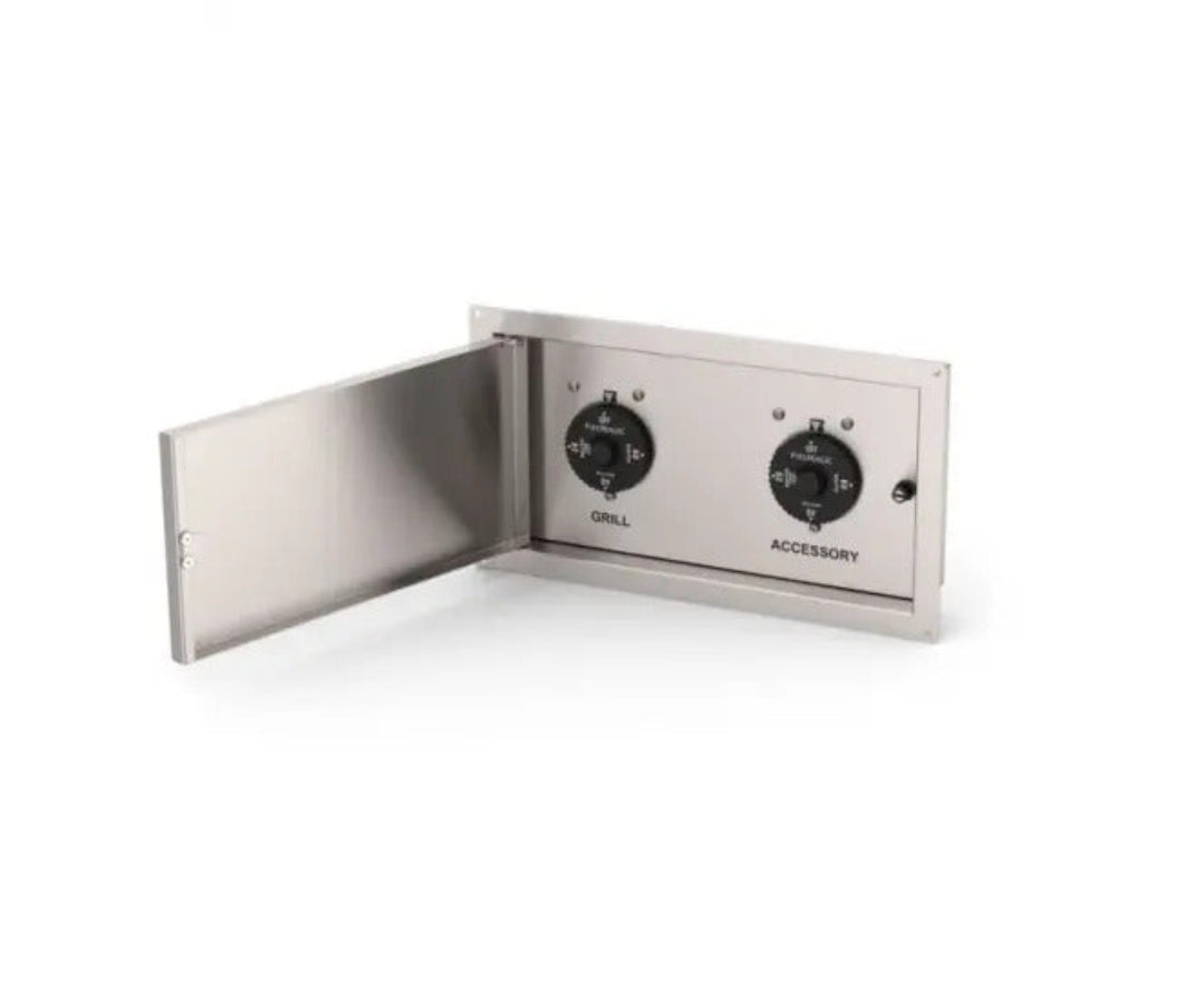 Stainless steel recessed outdoor kitchen gas control panel with hinged access door and two black knobs labeled GRILL and ACCESSORY, model 5521-14T, dual-valve control box for grills and side burners