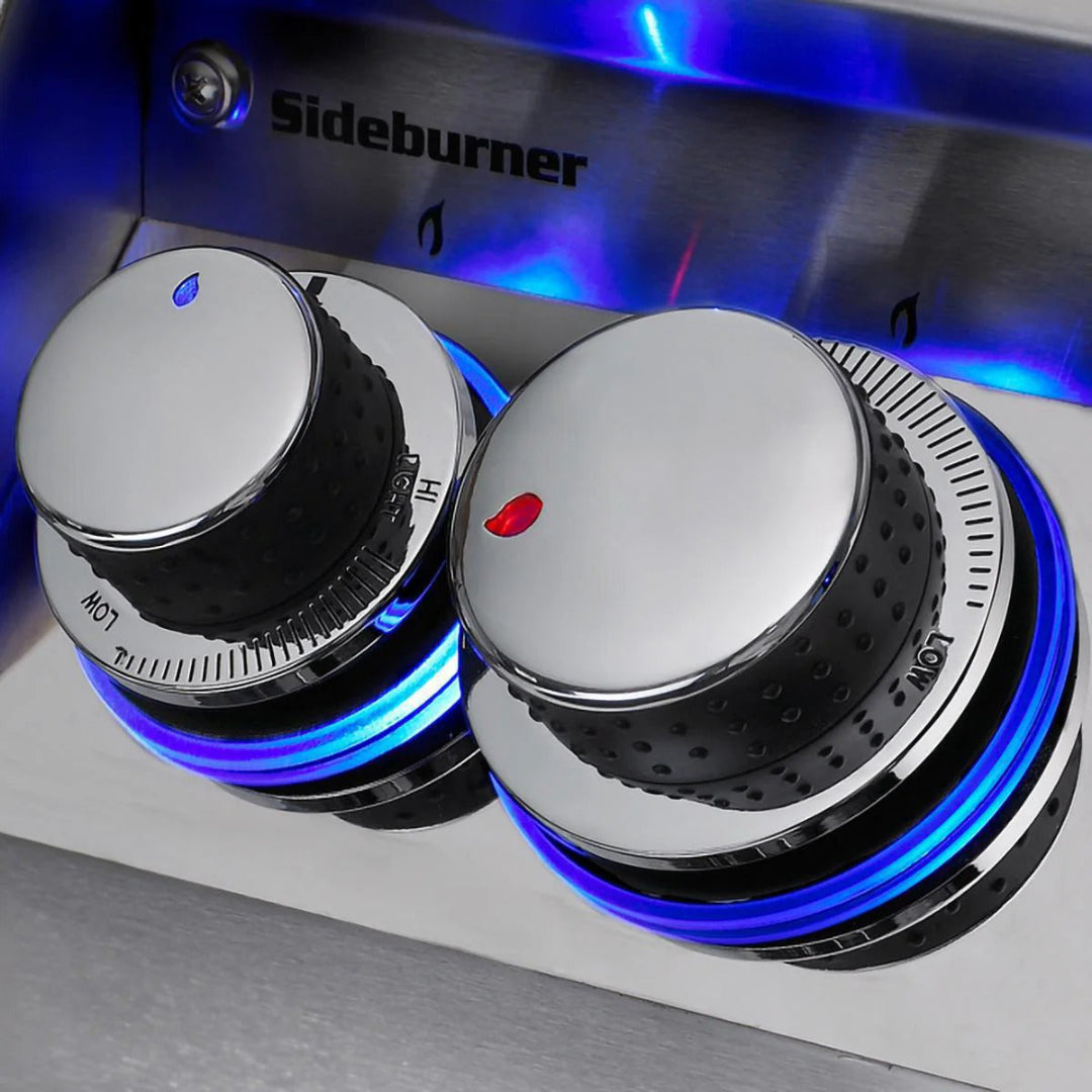 Fire Magic Illuminated chrome stainless steel gas grill control knobs with blue LED rings and textured rubber grips, replacement knobs for side burner propane BBQ