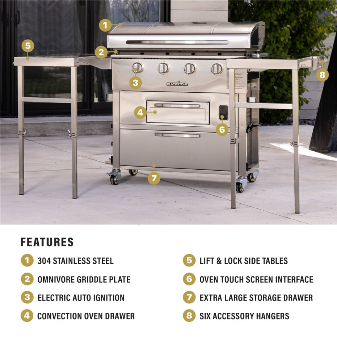Blackstone 6006 Select 36-inch 304 stainless steel outdoor griddle and air fryer combo on cart with omnivore griddle plate, convection oven drawer, electric auto ignition, lift-and-lock side tables and storage drawer