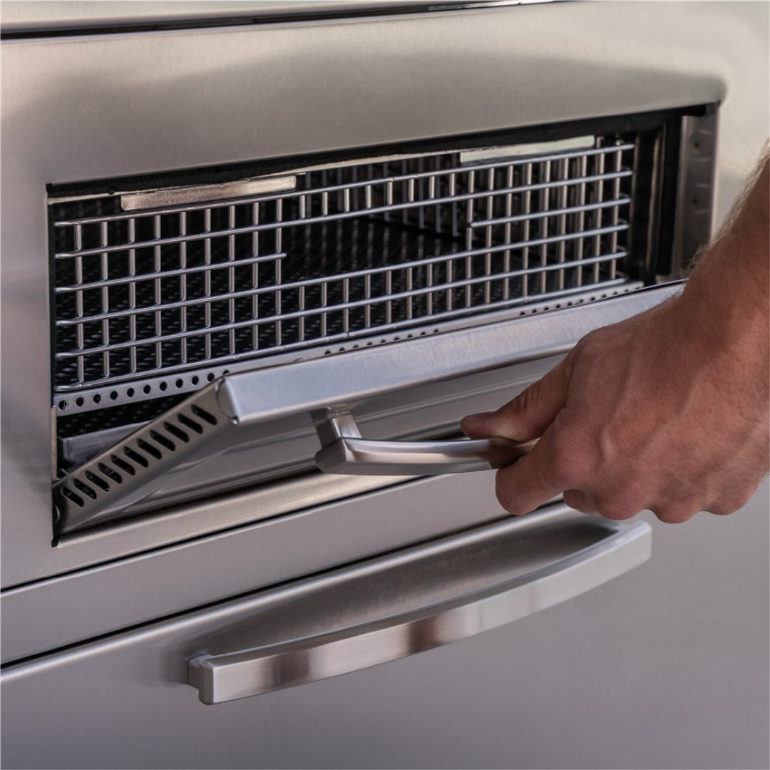 Vine & Flame 6006 Select 36-inch griddle and air fryer combo stainless-steel built-in air fryer drawer with perforated basket, close-up of hand opening handle