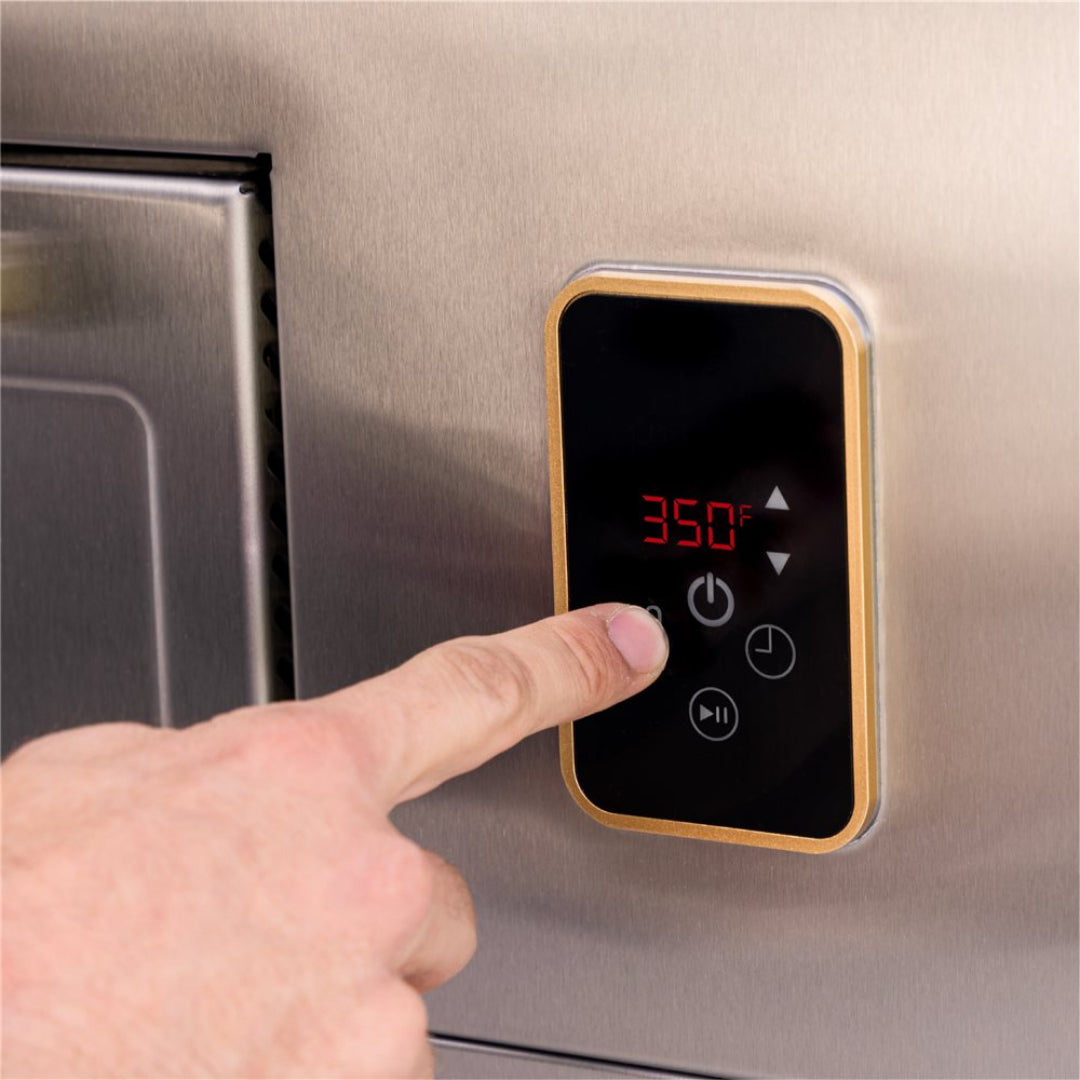 Vine & Flame Select 36 (6006) stainless steel countertop griddle and air fryer combo digital touch control panel displaying 350°F with finger pressing power button