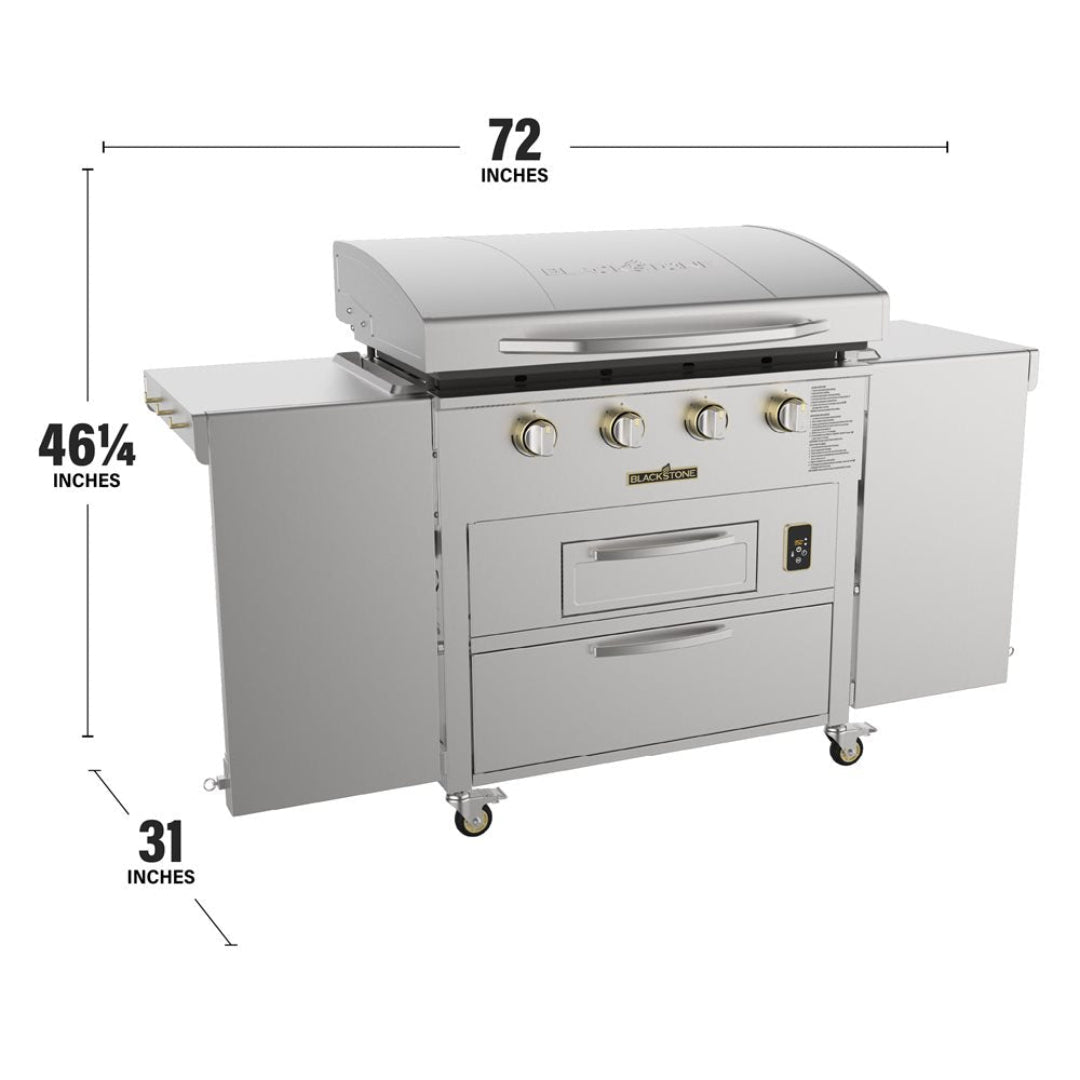 Blackstone Select 36 (model 6006) stainless steel outdoor 4-burner griddle and air fryer combo on mobile cart with storage drawers, fold-flat side shelves and caster wheels — 72 in W x 31 in D x 46.25 in H