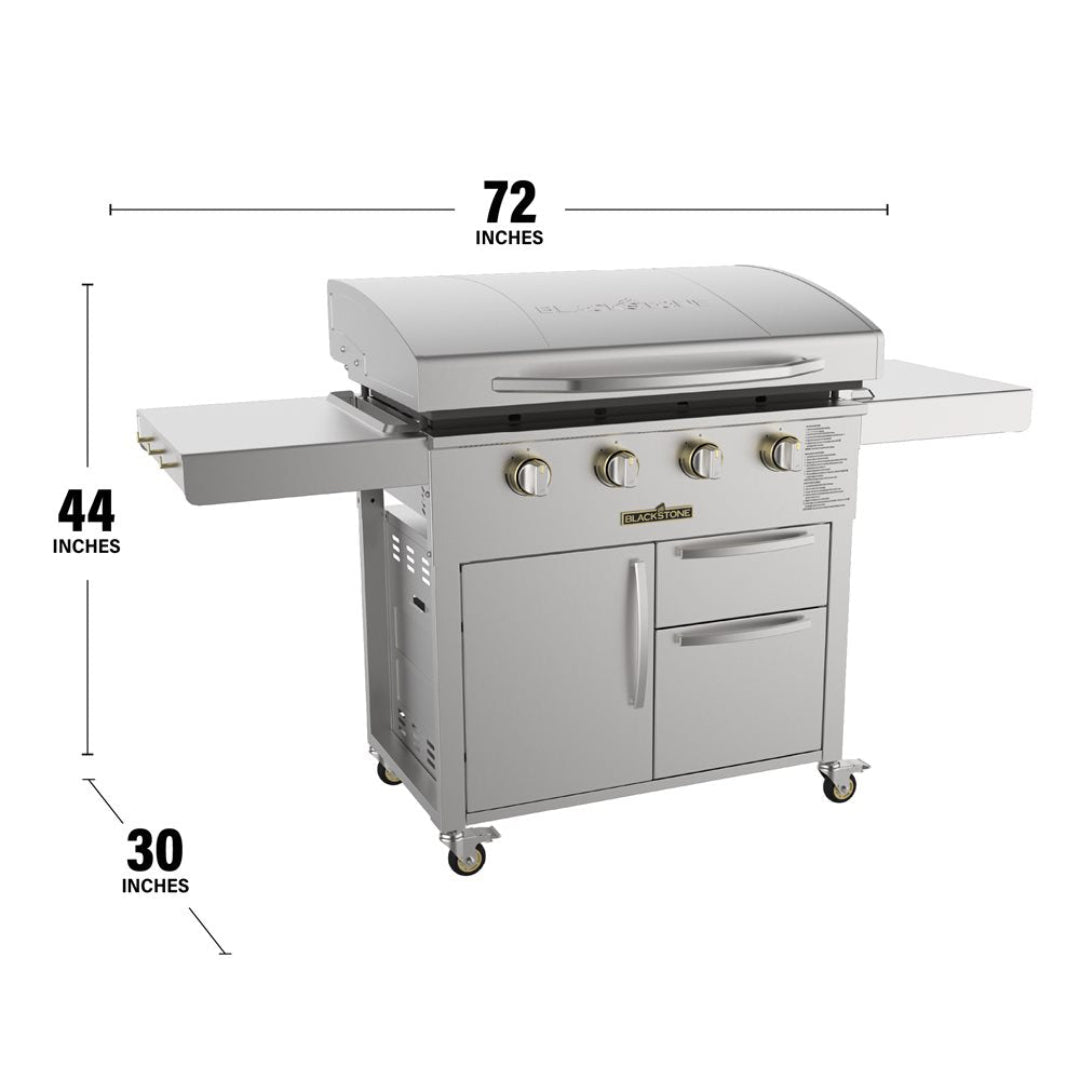 Blackstone Select 36-inch stainless steel outdoor gas griddle with cabinet cart model 6008, 4-burner propane griddle station with foldable side shelves and locking casters, 72 x 44 x 30 inches