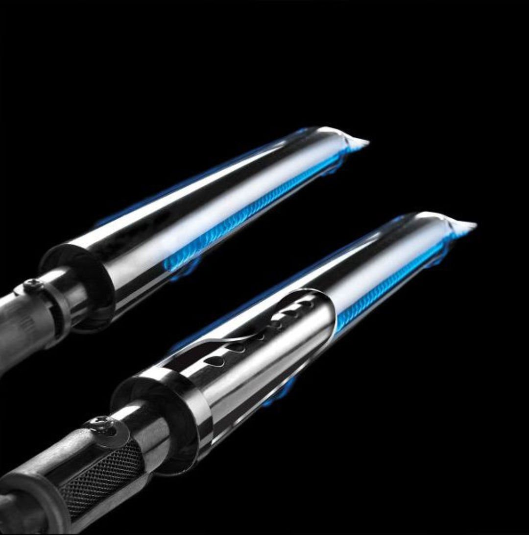 674144-LP two chrome long-neck refillable butane torch lighters with visible blue jet flames, stainless steel windproof extended-reach lighters for grills, candles, fireplaces