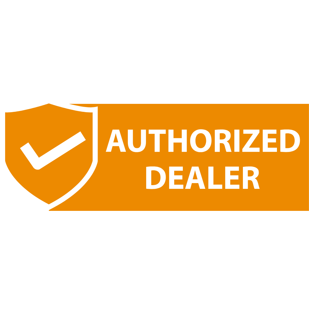 Vine and Flame authorized dealer badge — orange shield with white checkmark for fireplaces, gas logs and hearth accessories