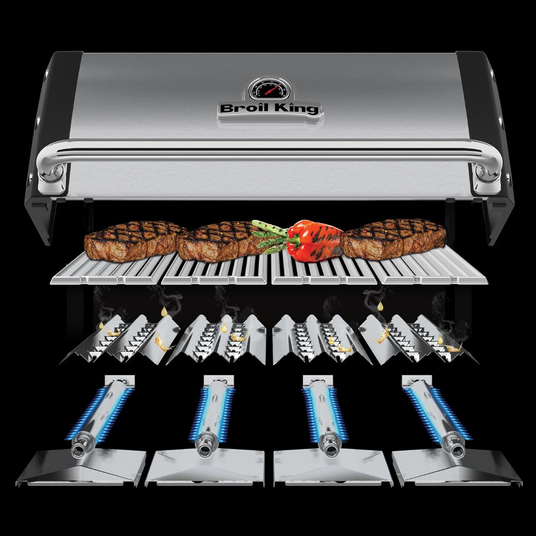 Grill cutaway, Broil King, Baron Series, layered internal grill structure with burners, flame tamers, and seared steaks