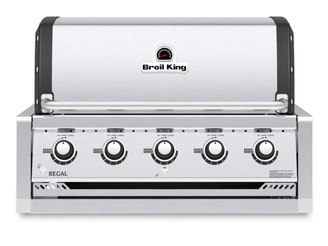 Built-in gas grill, Broil King Regal series, five-burner model, stainless steel hood with analog thermometer