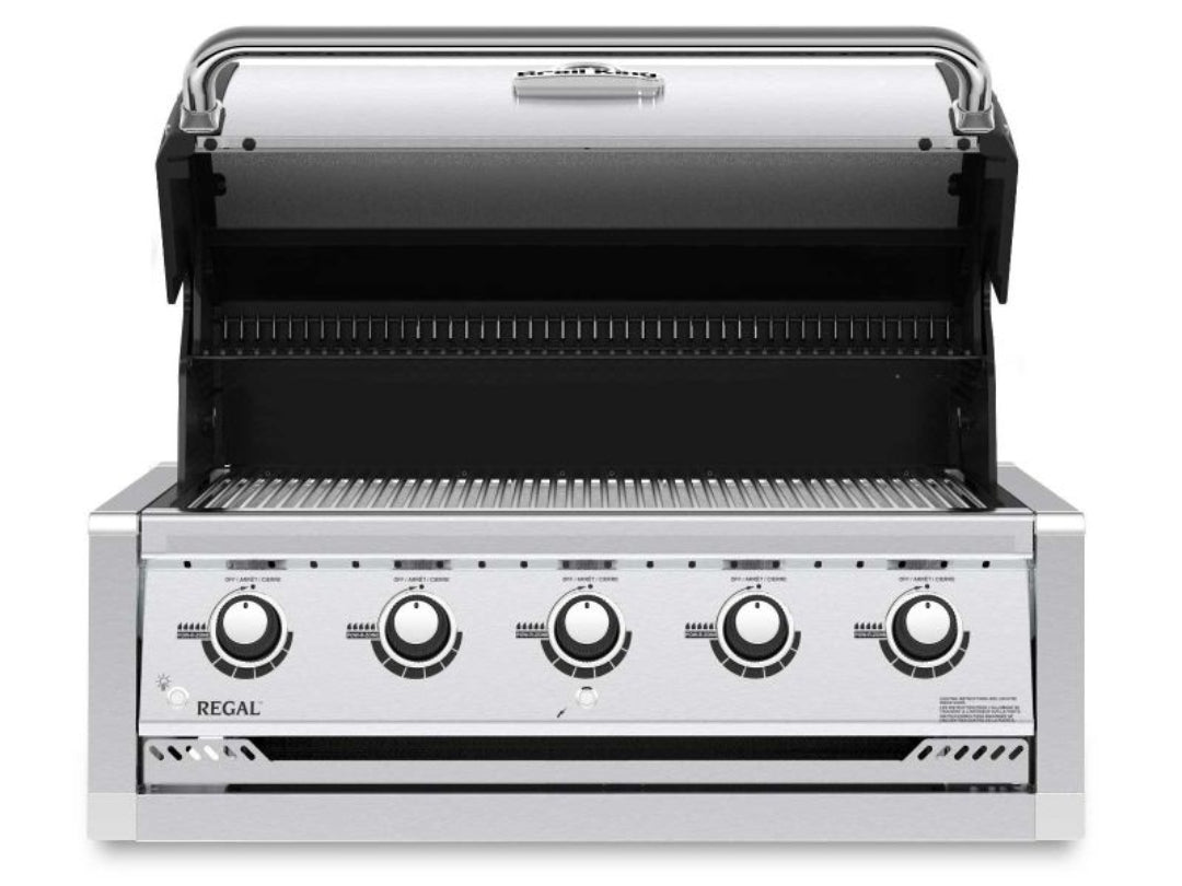 Built-in gas grill, Broil King Regal series, open hood, five control knobs, stainless steel finish