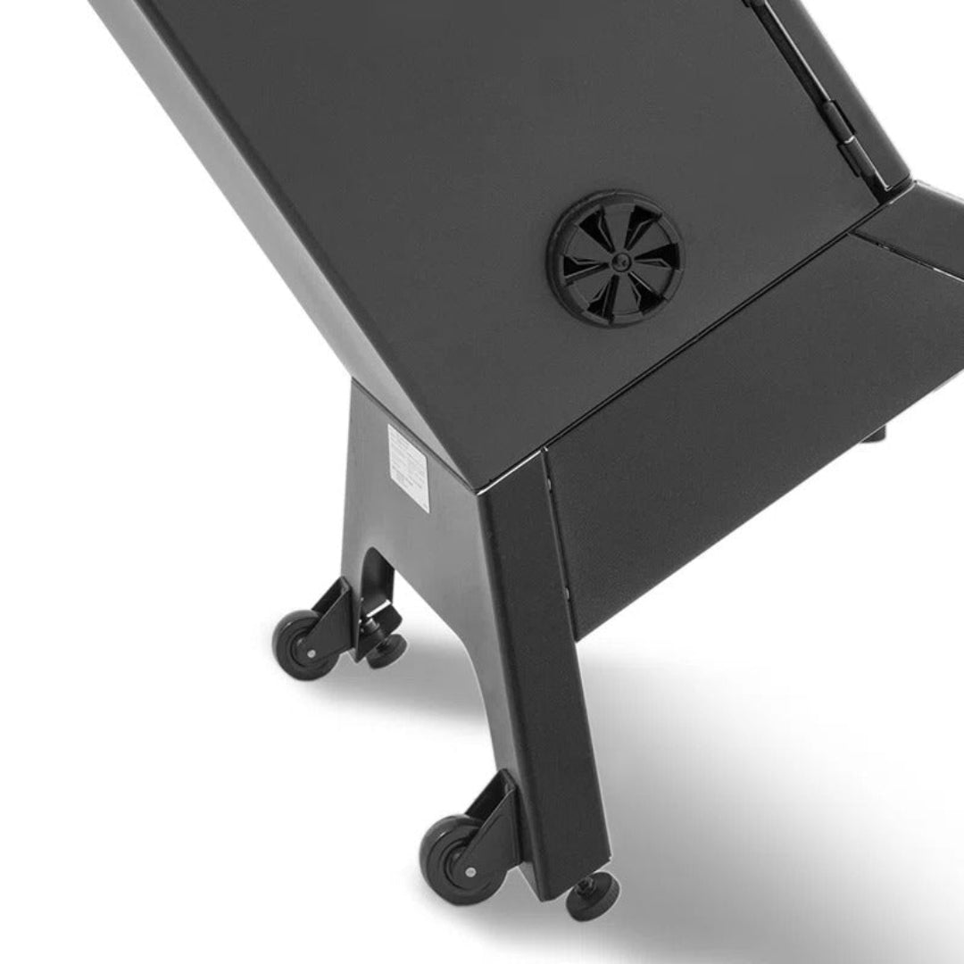 Rear view, Broil King, vertical smoker base, caster wheels and vent system for mobility and airflow control