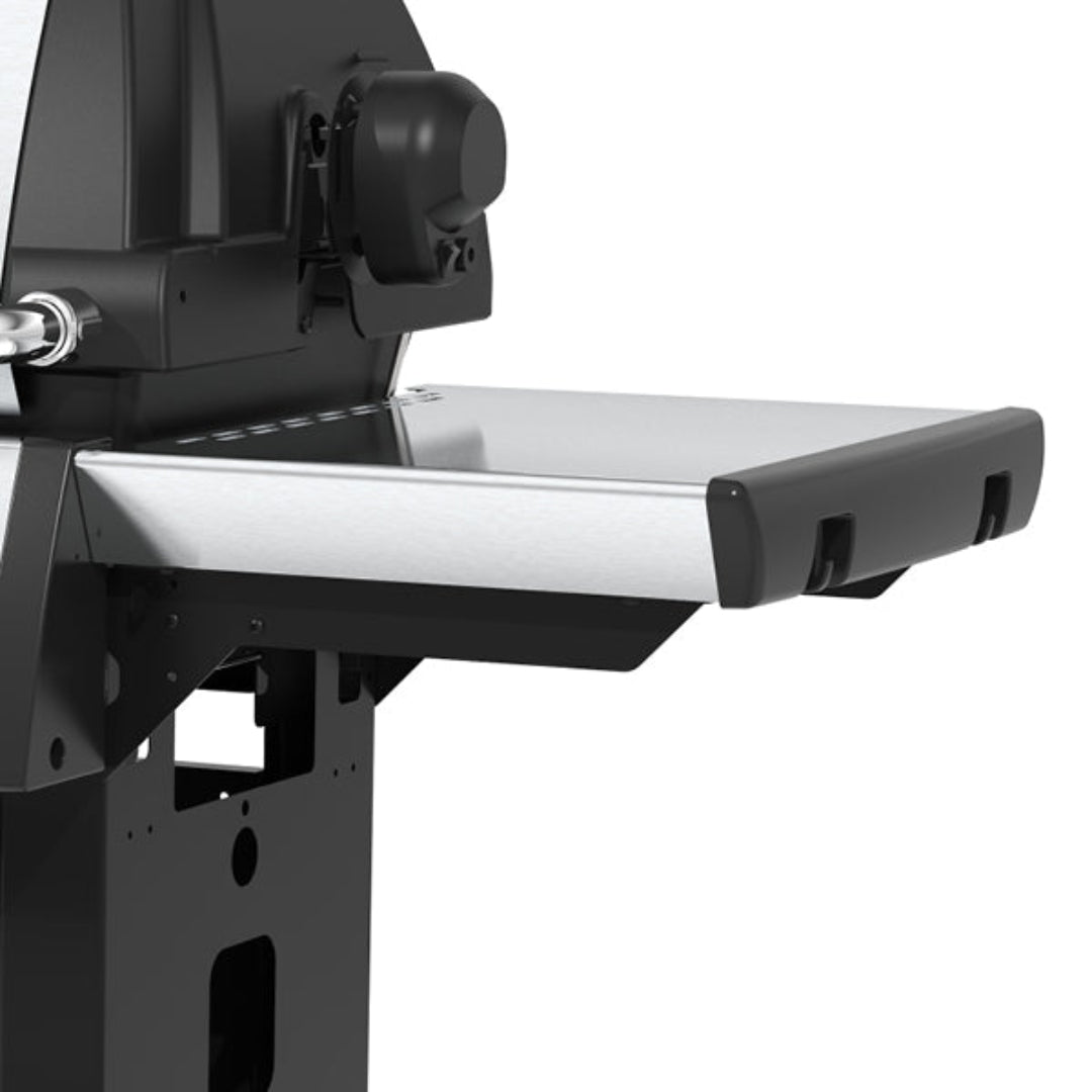 Broil King stainless steel side shelf with black trim and sturdy support bracket for gas grill