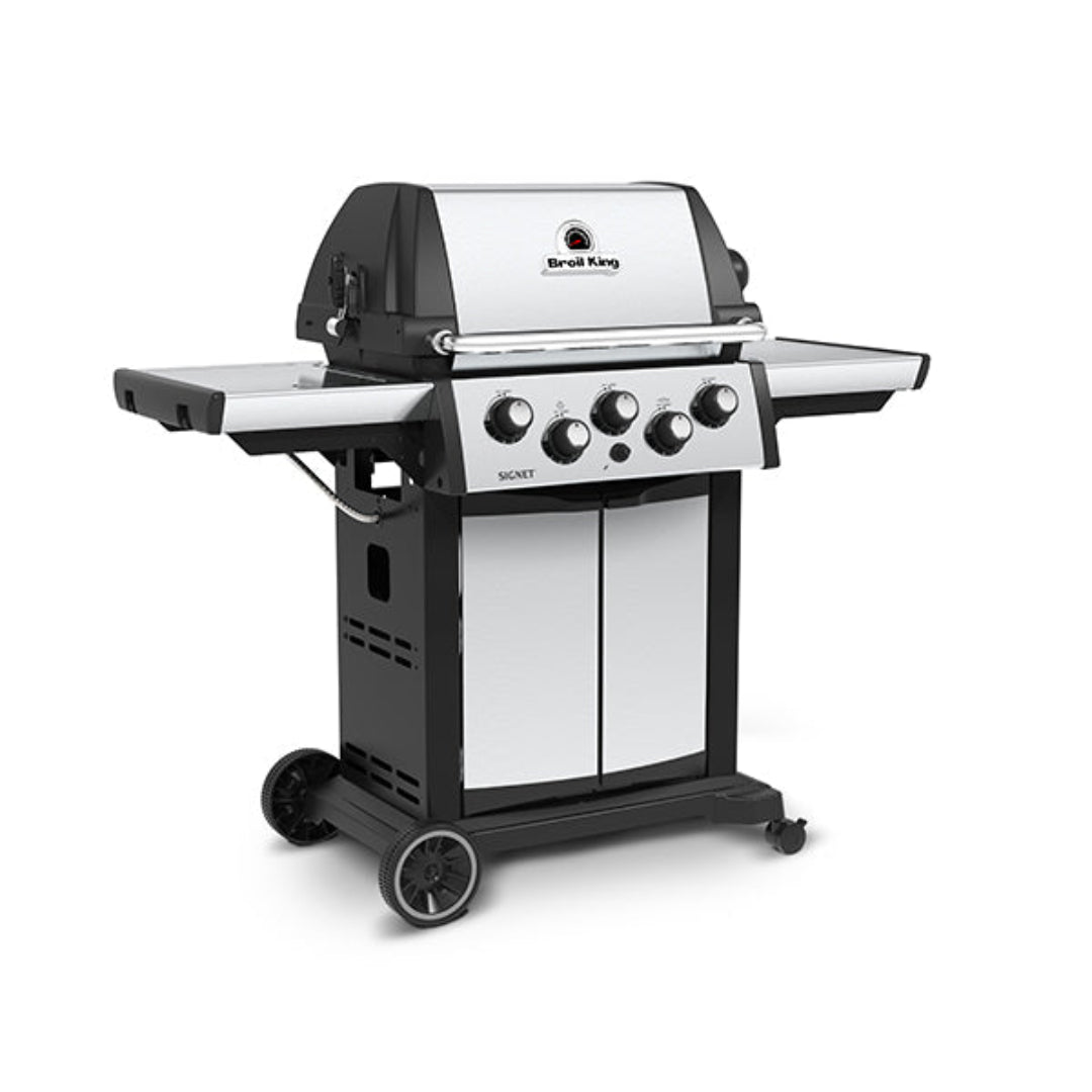 Broil King Signet 320 4-burner propane grill with side shelves, stainless steel cabinet, and open hood
