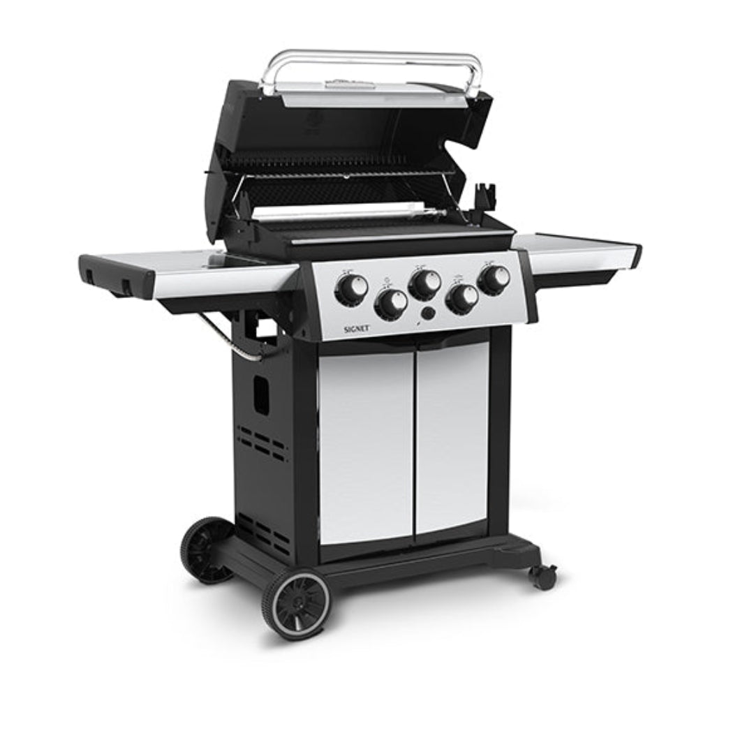Broil King Signet 320 propane grill with four burners, side shelves, stainless steel cabinet, and open lid
